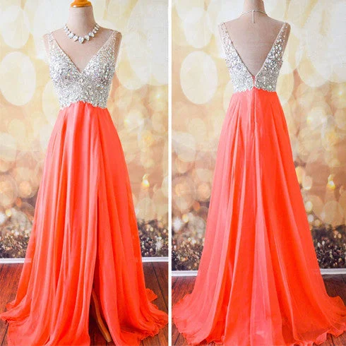 Coral A Line V Neck Side Split Shinning Long Prom Dresses, BG51090