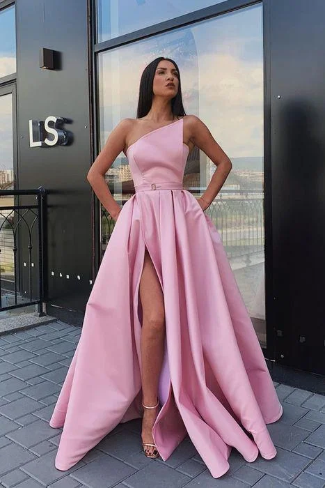 Elegant Strapless Satin High Slit Prom Dresses Long Simple Evening Dresses SRS15204