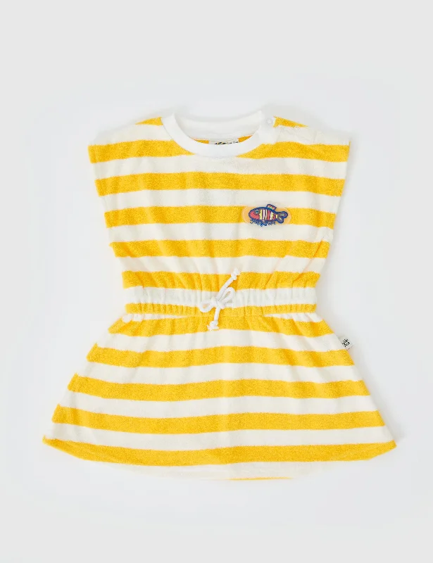 Little Fishy Terry Towelling Tie Dress Lemon Stripe