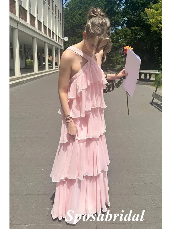 Elegant Chiffon Sleeveless Floor Length Open Back A-Line Maxi Prom Dress, PD4021