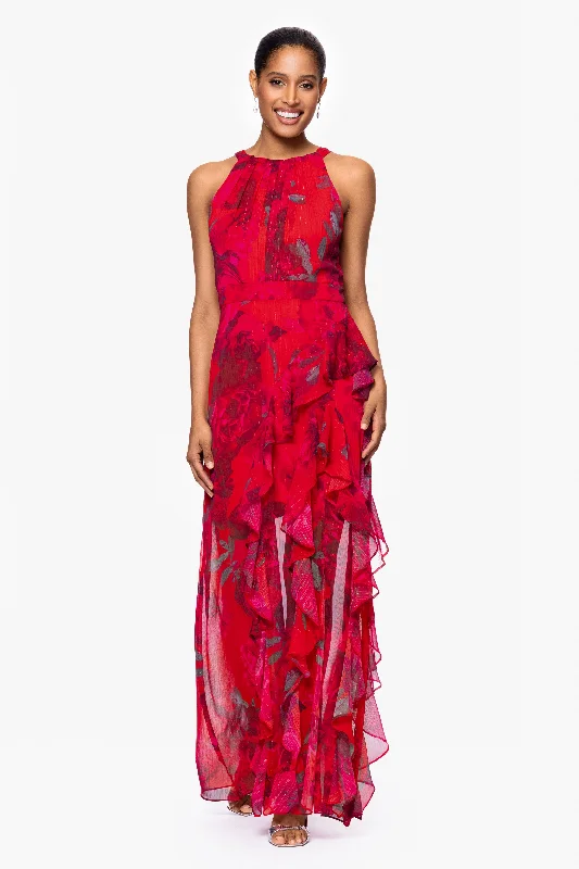 "Clarisse" Chiffon Print Floor Length Ruffle Dress