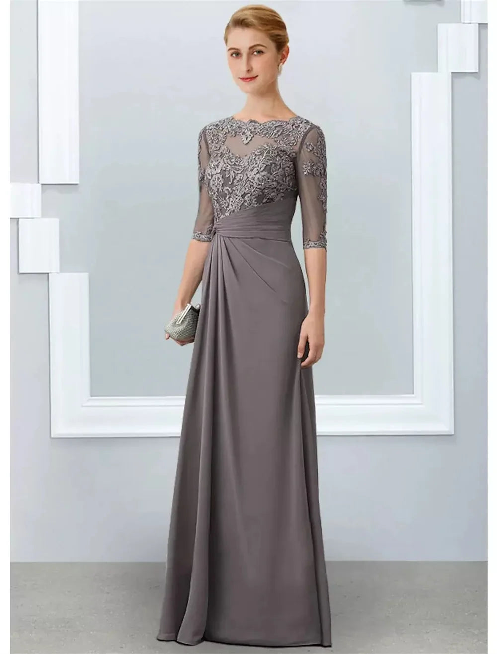 Zjkrl  -  A-line Gray Mother of the Bride Dress Elegant Jewel Neck Floor Length Chiffon Half Sleeves Appliques Lace Wedding Party Gowns
