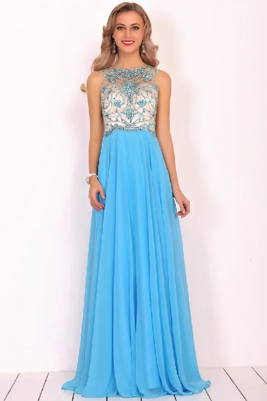 2024 Sexy Open Back  Prom Dresses A Line Scoop Chiffon With Beading