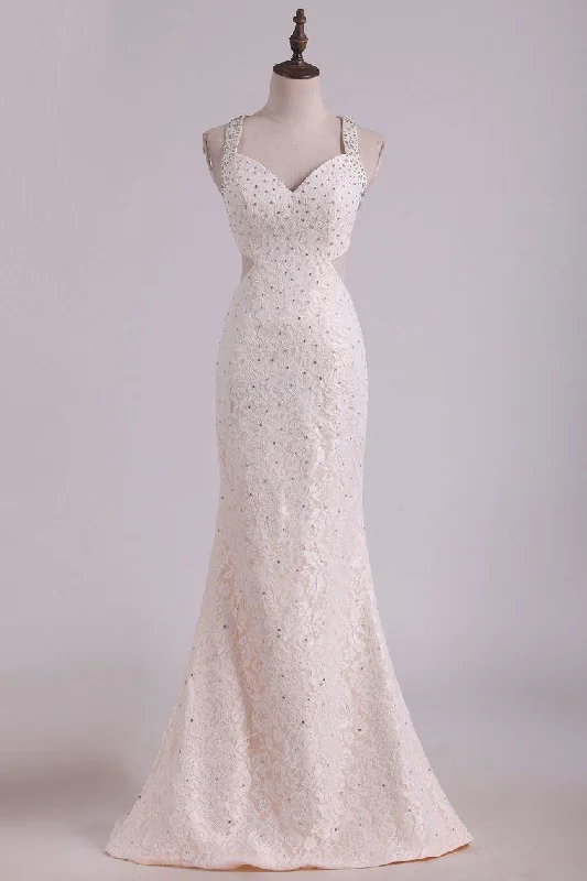 2024 Straps Prom Dresses Mermaid Lace With Beading Sweep Train Open Back