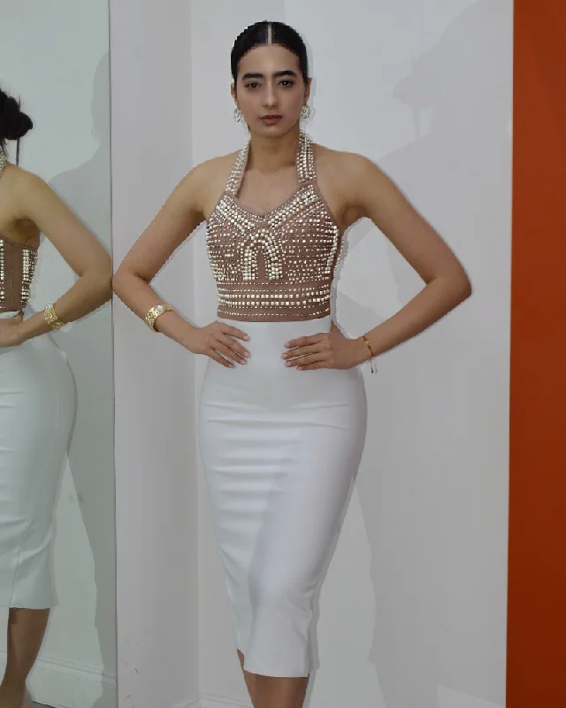 Made Of Pearl Embellished Two Tone Bandage Dress White Nude