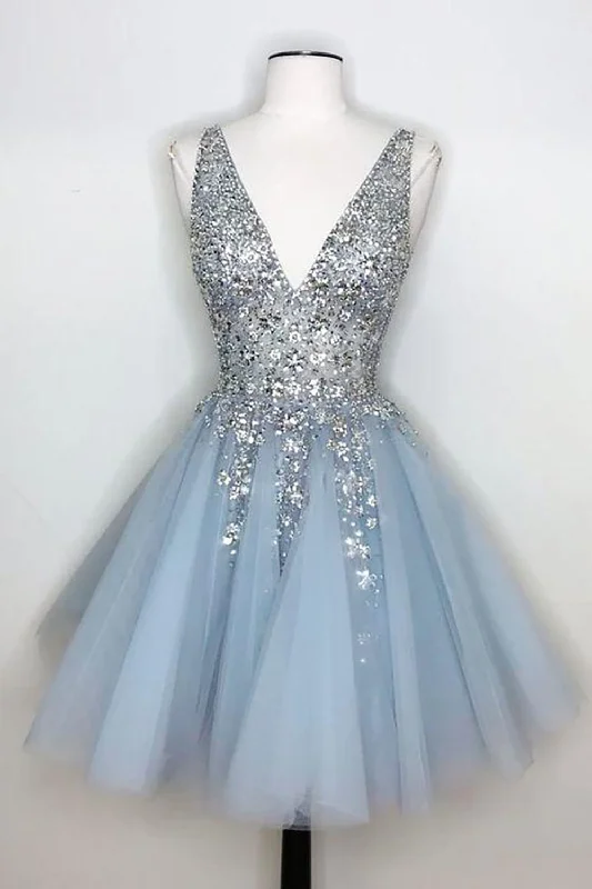 Blue V Neck Homecoming Dress With Beadings