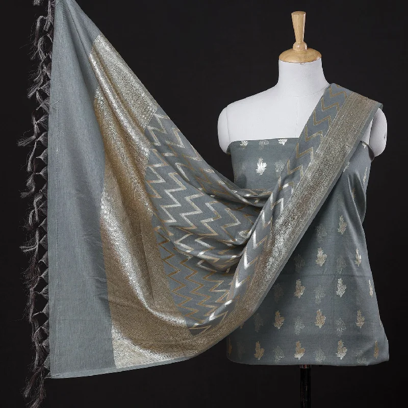 Grey - 3pc Cotton Zari Banarasi Dress Material