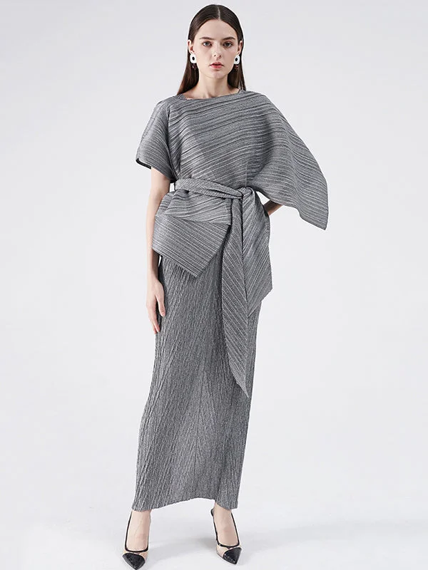 Zjkrl - Urban Loose Solid Color Tied Pleated Top&V-Back Vest Dress Two Pieces Set