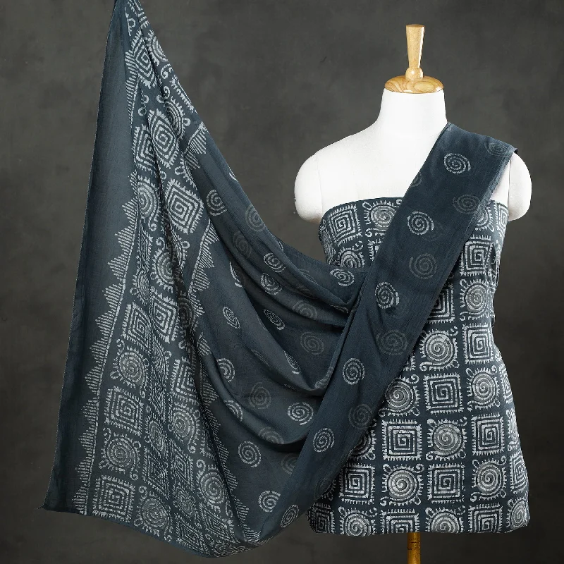 Grey - 3pc Cotton Kutch Batik Print Dress Material 02