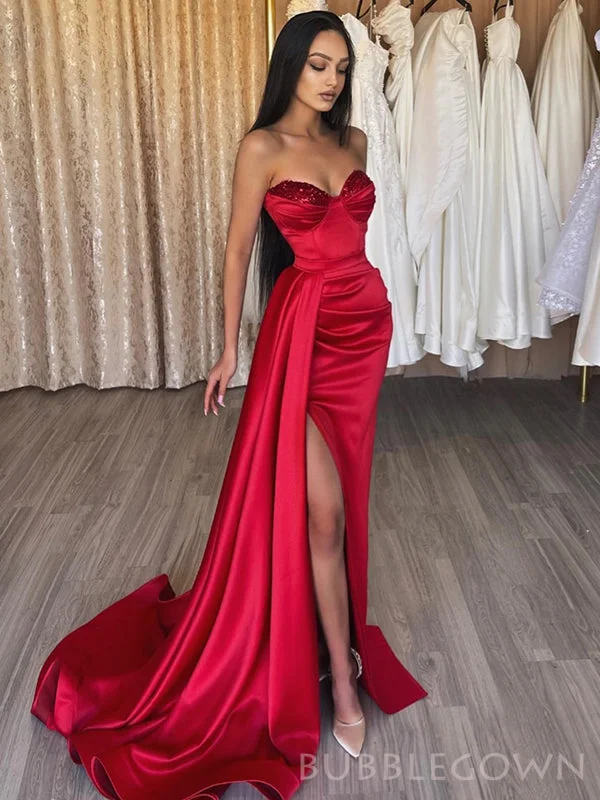 Mermaid Red Satin Beaded Strapless Long Evening Prom Dresses, Custom Prom Dress, BGS0161