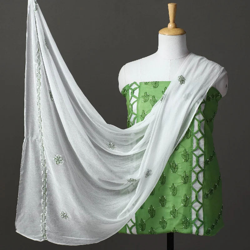 Green - 3pc Hand Embroidery Cotton Chikankari Dress Material 07