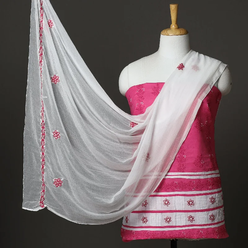 Pink - 3pc Hand Embroidery Cotton Chikankari Dress Material 69