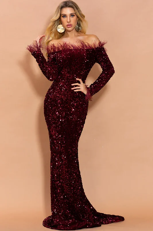Glitter Long Sleeves Burgundy Sequin Prom Dresses