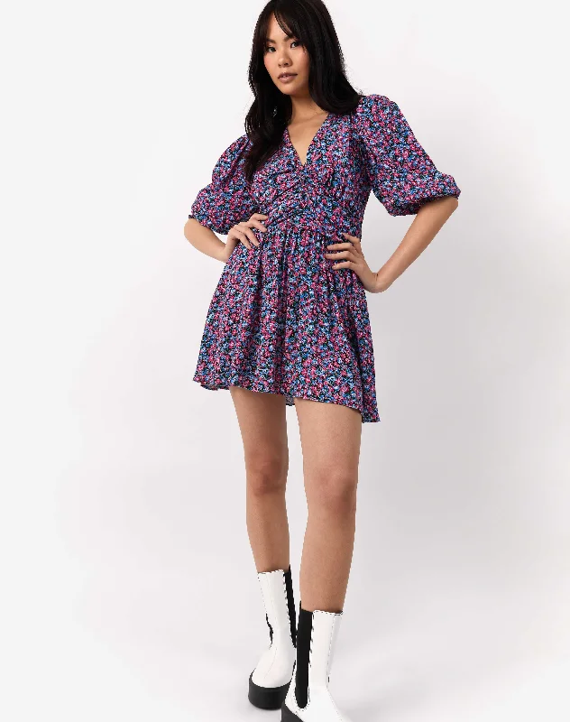 Puff Sleeve Mini Tea Dress with Button Front in Pink Blue Floral | Sasha
