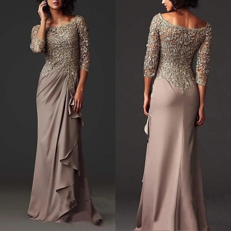 Zjkrl Brown Mother Of The Bride Dresses O-Neck 3/4 Sleeves Pleat Chiffon Appliqued Lace Formal Party Groom Mother Evening Gowns