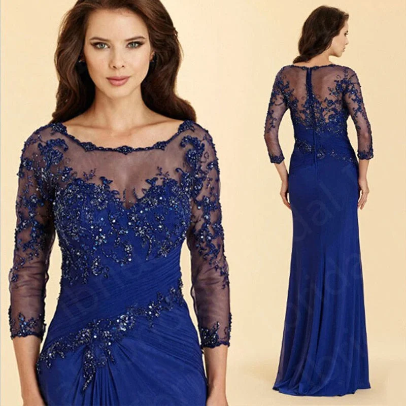Zjkrl Latest Royal Blue Lace Mother of the Bride Dresses Jewel Neck With 3/4 Sleeves Wedding Party Gowns Applique Beaded