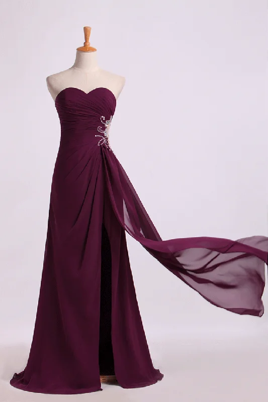 2024 Prom Dresses A Line Ruffled Bodice Beaded With Slit Floor Length
