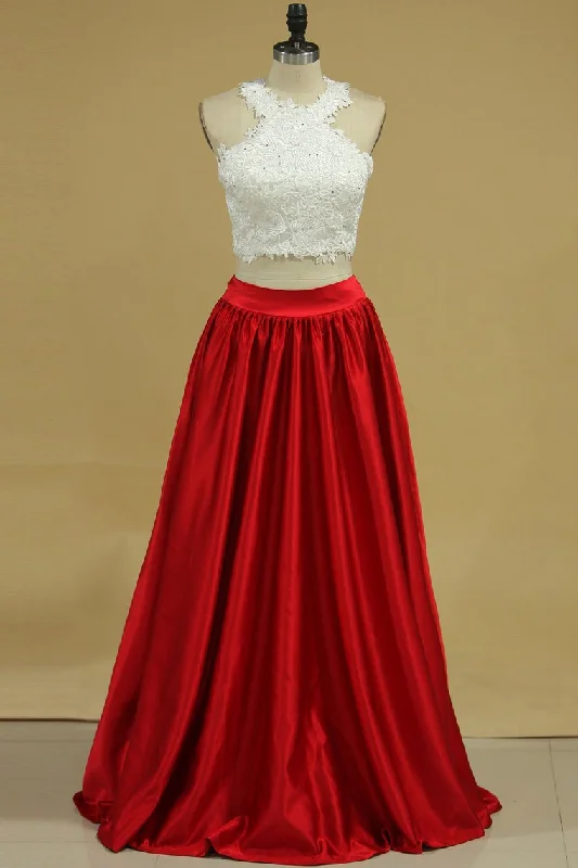 2024 Two-Piece A Line Prom Dresses Scoop Satin With Applique Floor Length