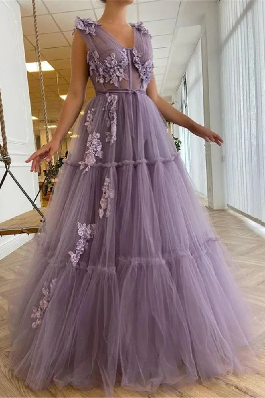 Elegant Tulle A Line Long Prom Dresses Sheer V Neck 3D Flowers Evening Dresses
