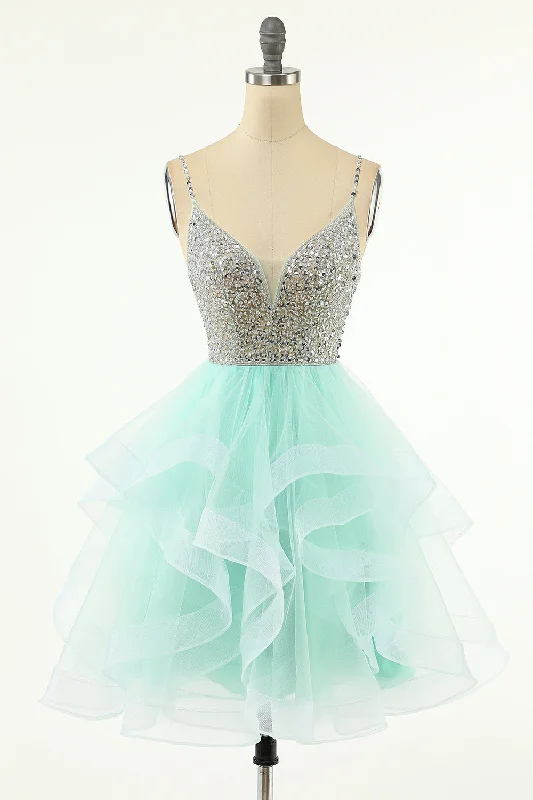 Mint Green Homecoming Dresses Straps V-Neck Multi-Layer Beaded Prom Dresses