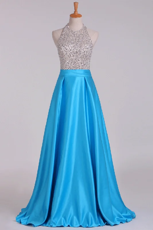 2024 Open Back Halter Beaded Bodice Prom Dresses Satin Floor-Length