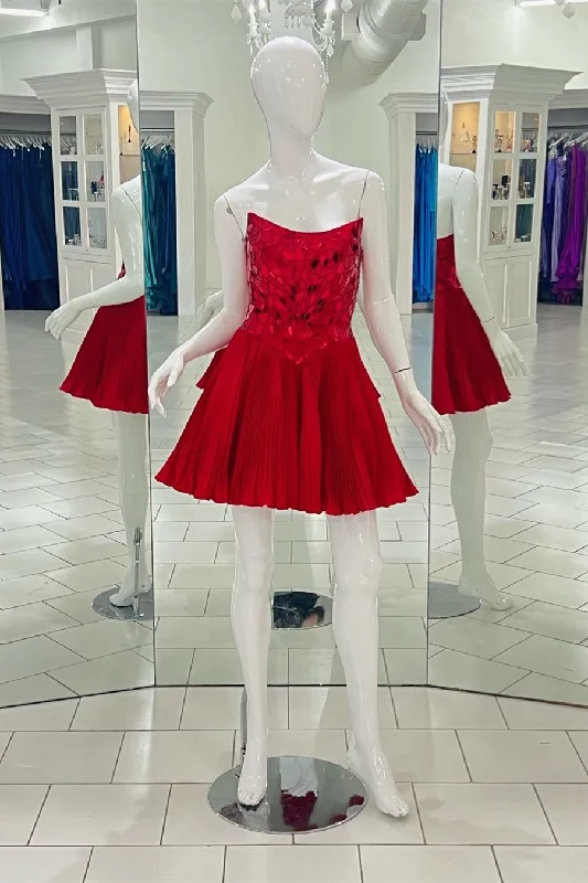 Red Strapless Mirror-Cut Sequins Top A-line Homecoming Dress