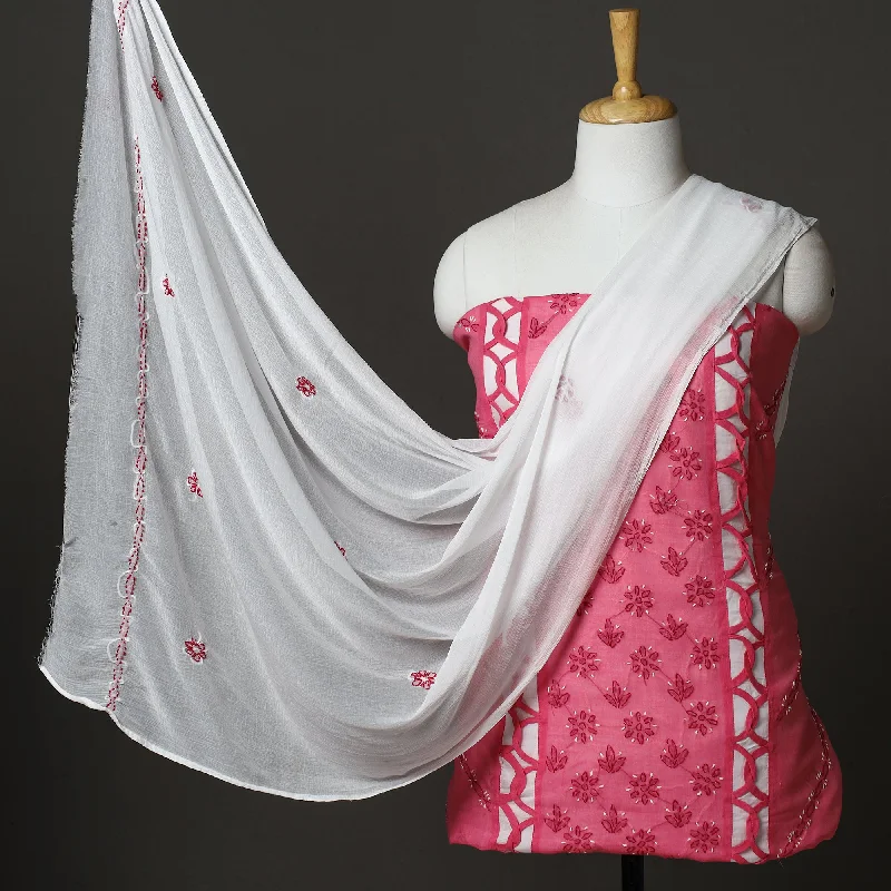 Pink - 3pc Hand Embroidery Cotton Chikankari Dress Material 72
