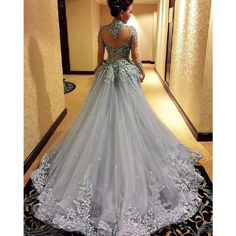 Charming High Neck Long Sleeve Grey Long Prom Dresses, BG51098