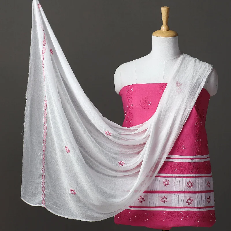 Pink - 3pc Hand Embroidery Cotton Chikankari Dress Material 21