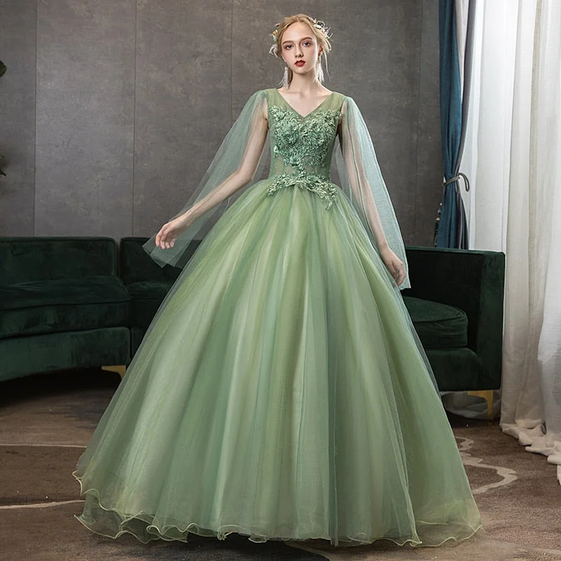 Zjkrl Quinceanera Dress Elelgant V-neck Green Party Prom Ball Gown Vintage Lace Embroidery Solo And Host Quinceanera Dresses