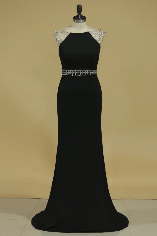 2024 Prom Dresses Scoop With Beading Spandex Sheath Sweep Train