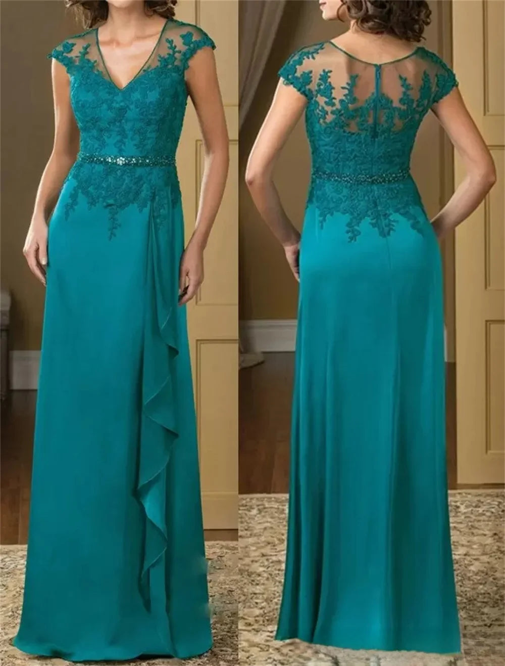 Zjkrl  -  holiday outfits A-Line Lace Floor-Length Mother Of The Bride Dress Elegant Plus Sizes Turquoise Appliques Chiffon Short Sleeve Ruffles Belt