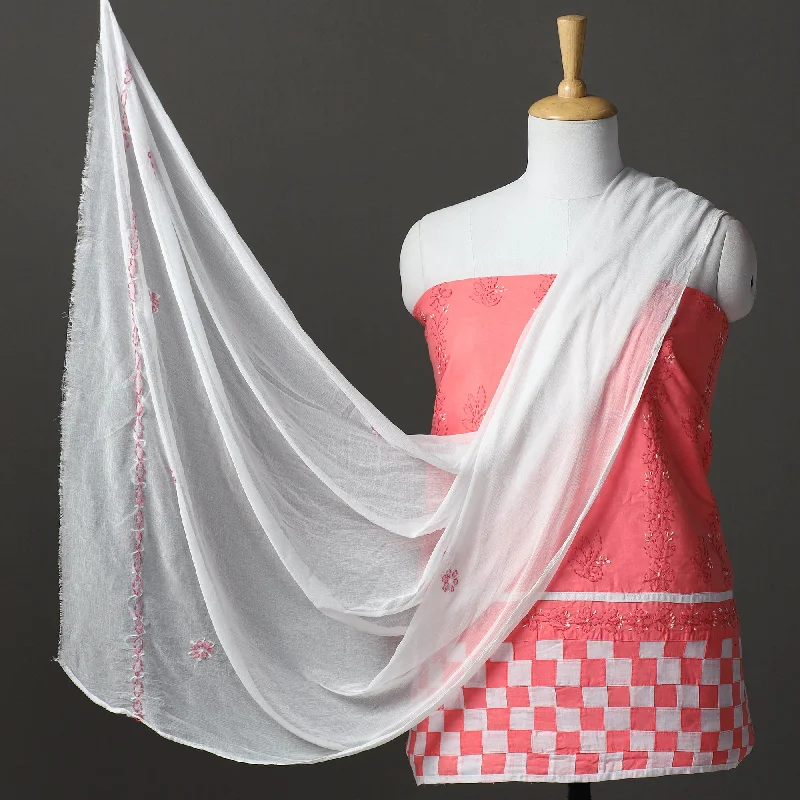 Pink - 3pc Hand Embroidery Cotton Chikankari Dress Material 05