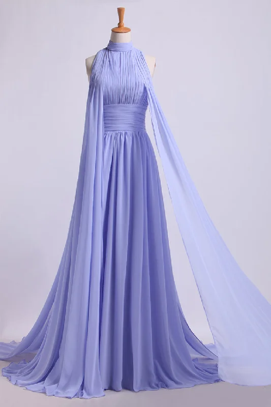 High Neck Prom Dresses Pleated Bodice A-Line Chiffon Sweep SRSPQS3MK7G
