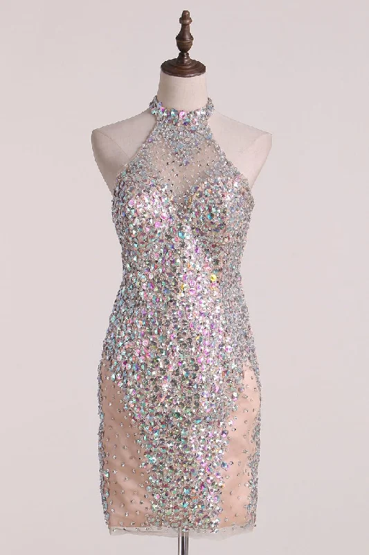 2024 Short/Mini High Neck Prom Dresses Tulle With Beads And Rhinestones