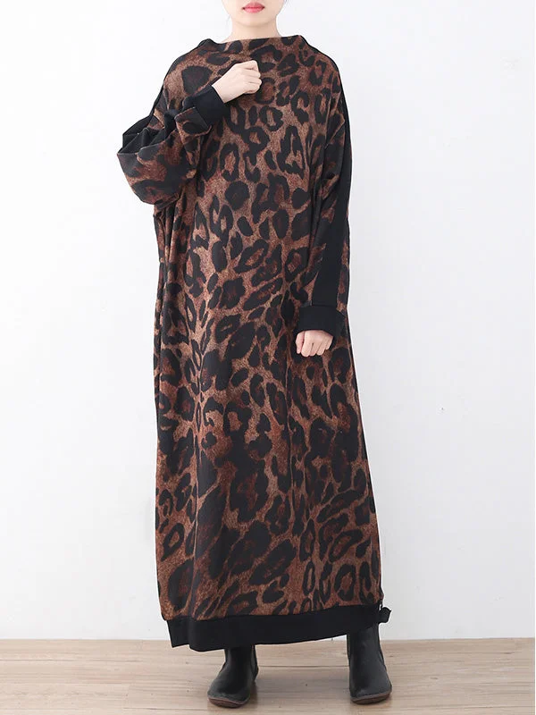 Zjkrl - Vintage Leopard Print Knitted Loose High-Neck Dress