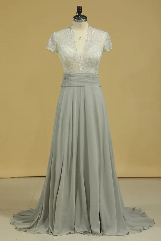 2024 V Neck Prom Dresses A Line Chiffon With Slit & Applique
