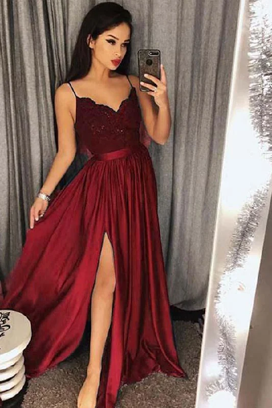 Chic A Line Spaghetti Straps Long Lace Burgundy V Neck Maxi High Split Prom Dresses