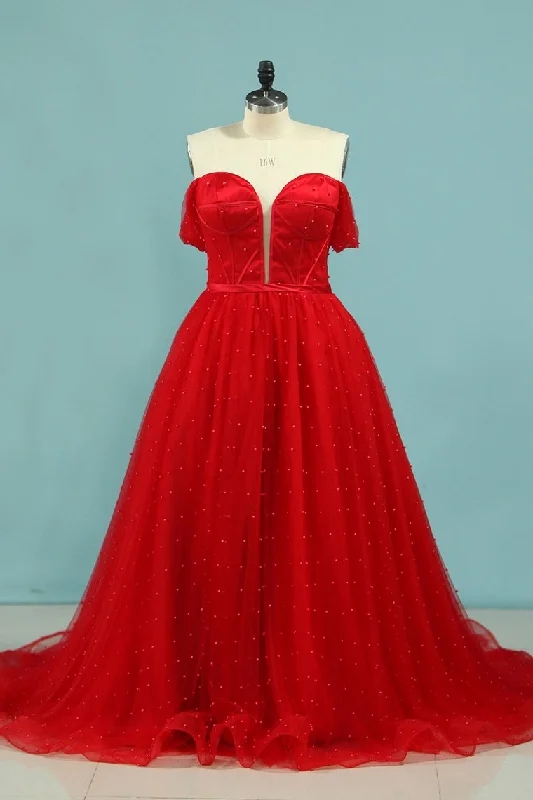 2024 Off The Shoulder A Line Prom Dresses Tulle With Pearls