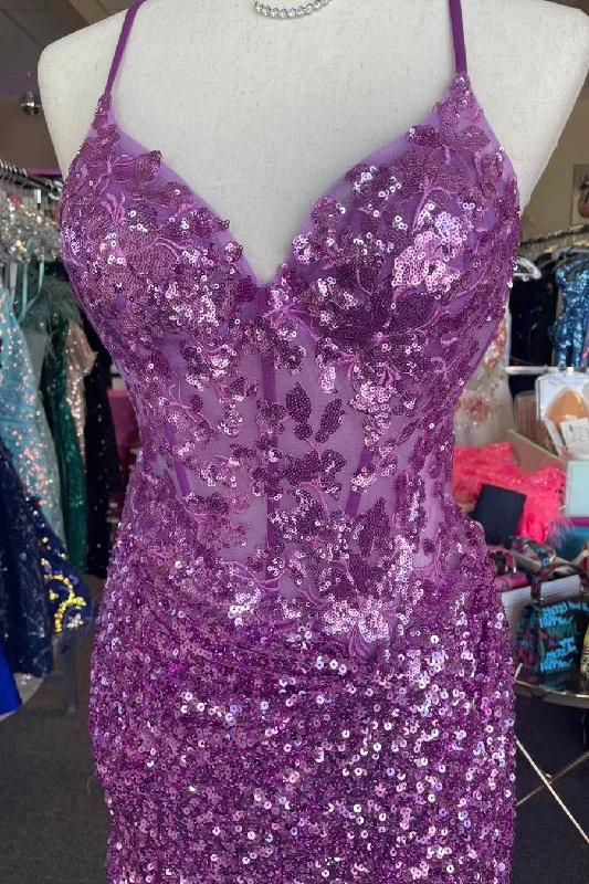 Purple Straps Sequined Embroidery Sheath Homecoming Dress