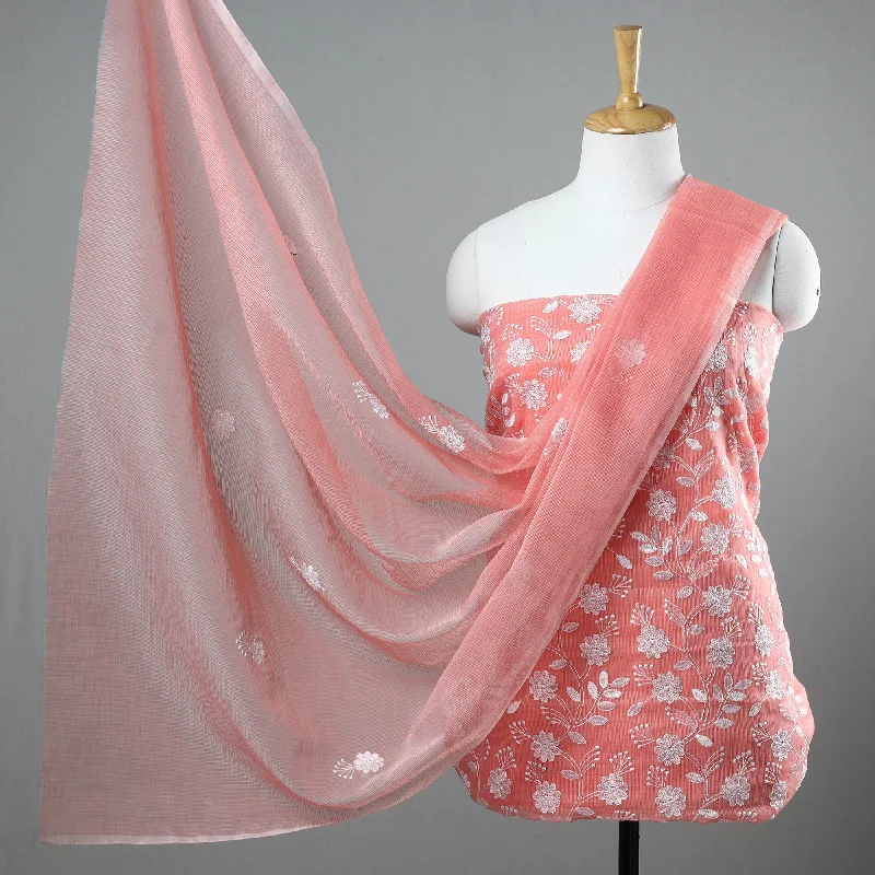 Peach - 3pc Cotton Embroidered Kota Doria Dress Material 07