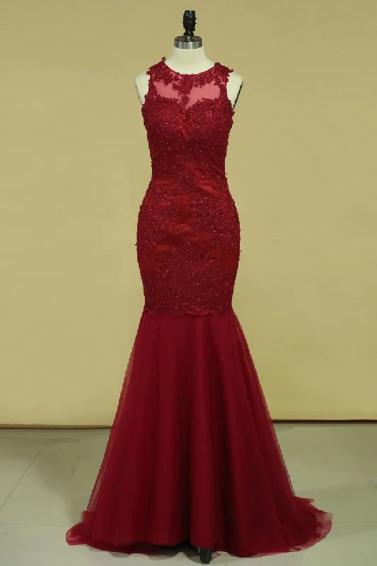 2024 Sexy Open Back Prom Dresses Mermaid Scoop Tulle With Applique And Beads