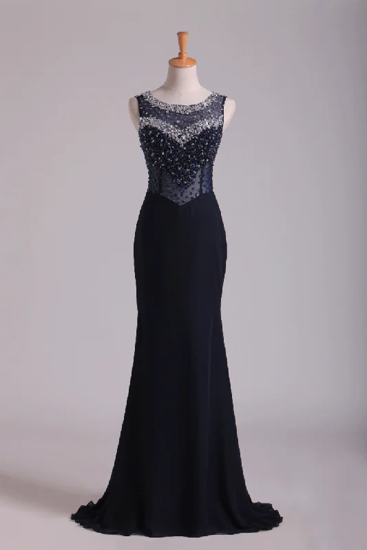 2024 Scoop Open Back Beaded Bodice Floor Length Chiffon Prom Dresses Black