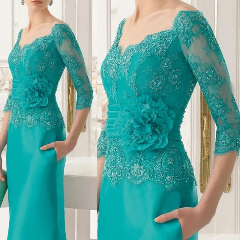 Zjkrl Gorgeous Teal Lace Mother of the Bride Dresses With Off Shoulder Three Quarter Sleeves Wedding Guest Gowns V Neck Full Length