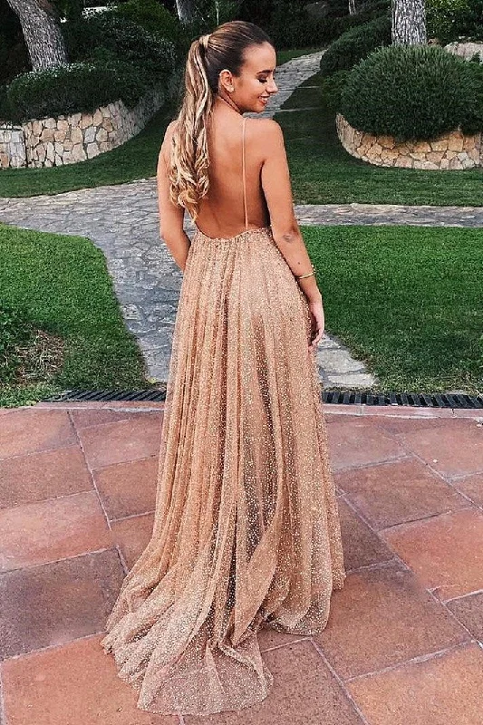 Flowy A Line Spaghetti Straps Champagne V Neck Prom Dresses with Sequins SRS15227