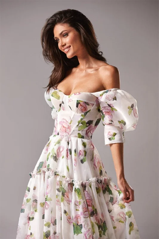Zjkrl - Amanda Puffy Sleeve Vestido De Novia Flower Printing Prom Gown Corset A-line Prom Dress Princess Off Shoulder