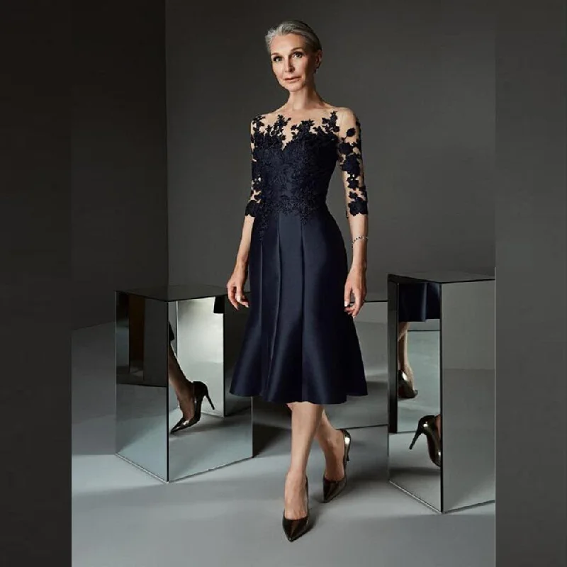 Zjkrl Gorgeous Prussian Blue Knee Length Mother of the Bride Dresses Lace with Three Quarter Sleeves Applique Wedding Guest Gowns