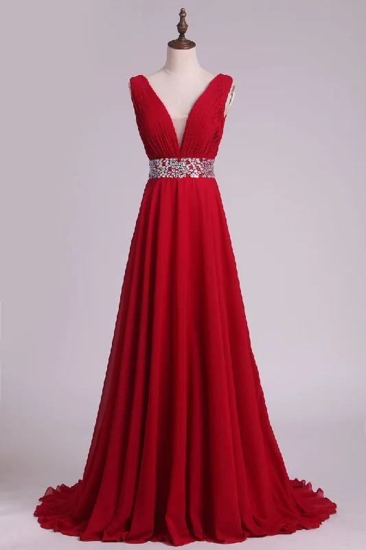 2024 A Line V Neck Pleated Bodice Chiffon Prom Dresses With Beading Court Train