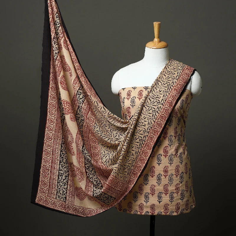 Beige - 3pc Natural Dyed Cotton Bagh Print Dress Material 12