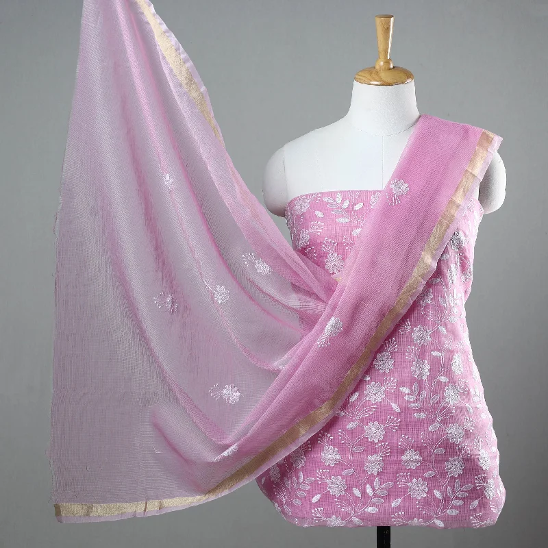 Pink - 3pc Cotton Embroidered Kota Doria Dress Material 06